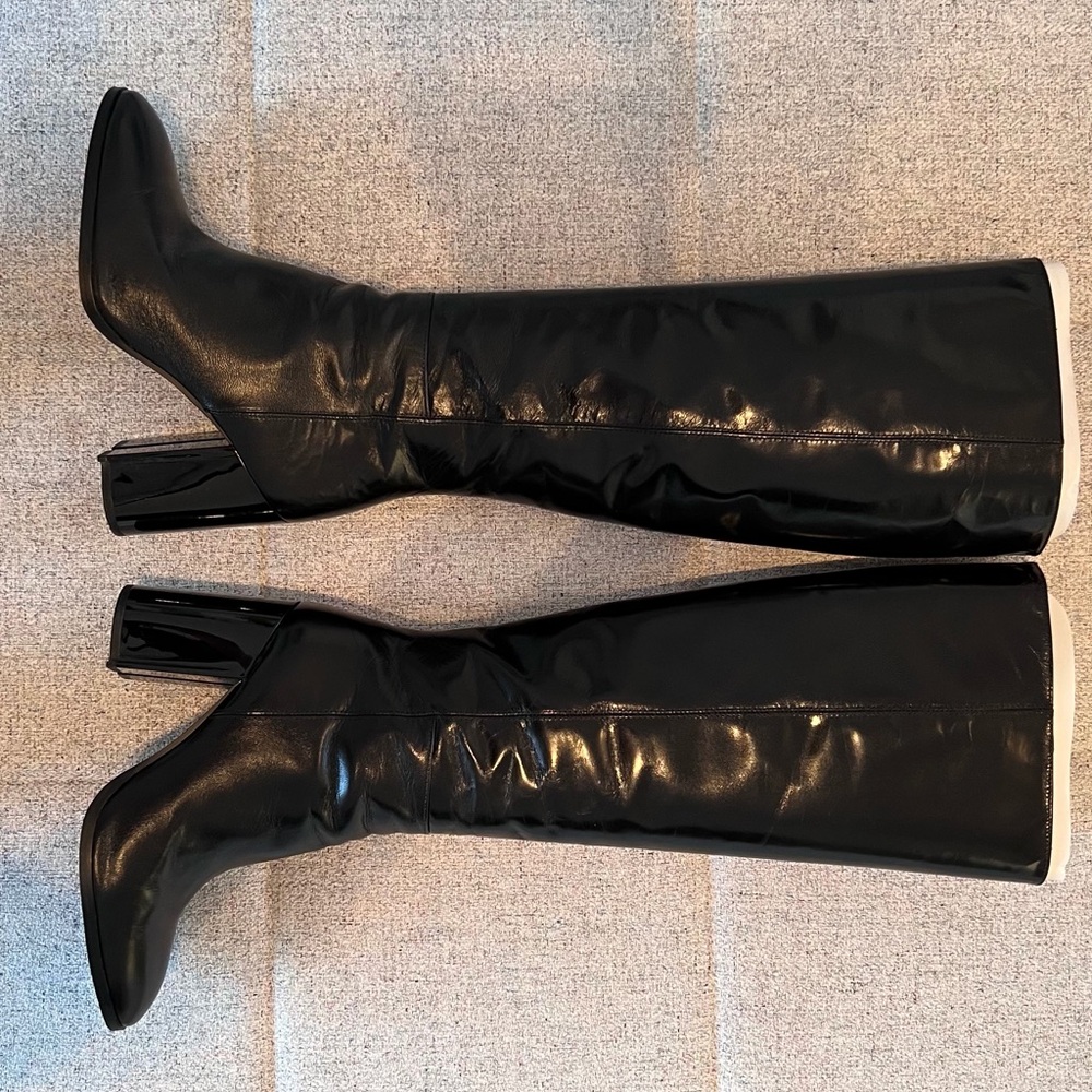 Coach Black Leather Knee-High Heeled Boots with Side Zip. - Picture 2 of 10